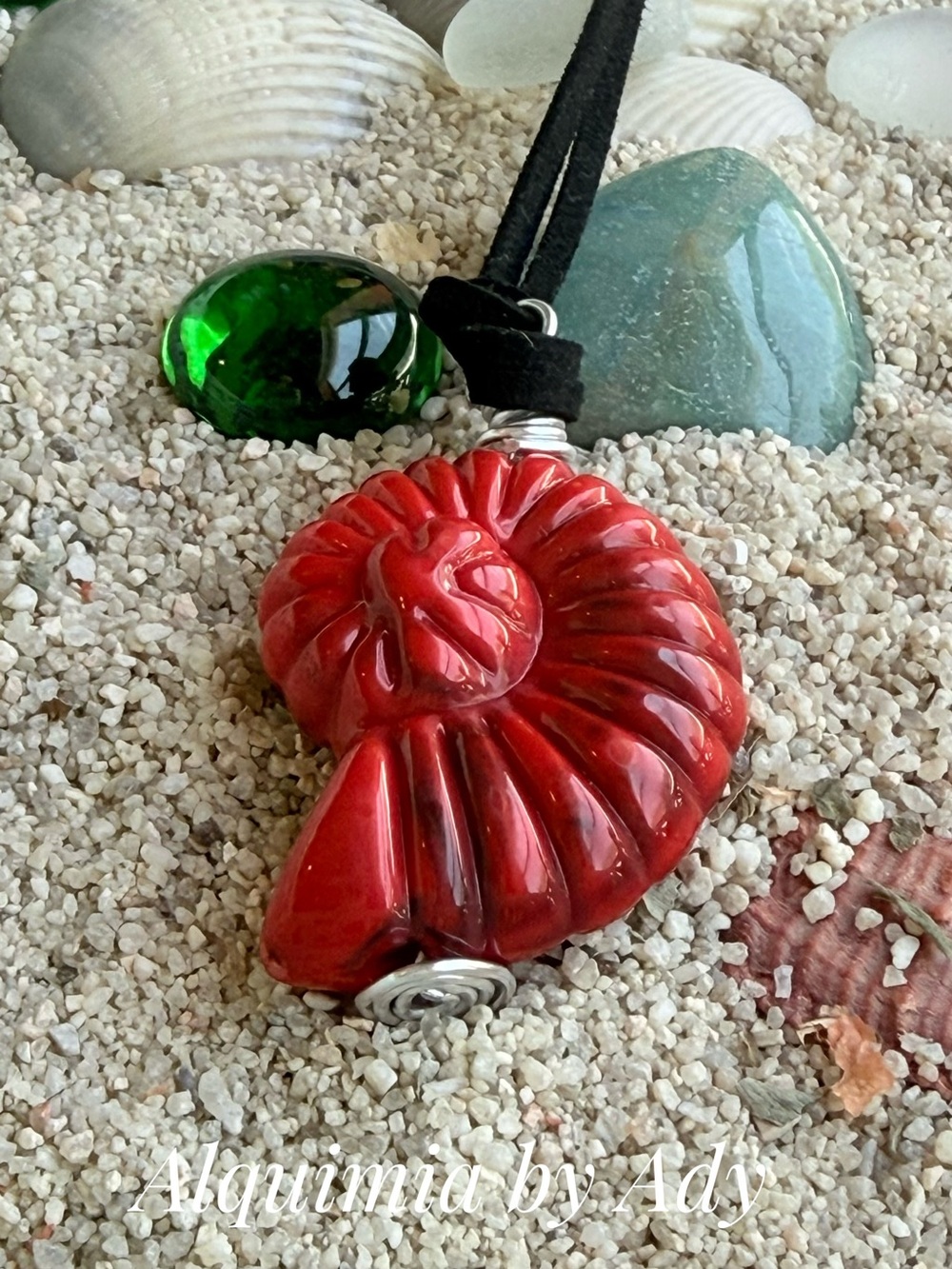 Long black suede Red Nautilus Shell Pendant Necklace